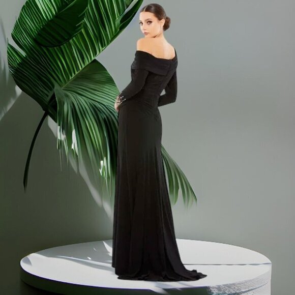 MAC DUGGAL Maxi Gown Dress Black Beaded Cuff Off Shoulder Jersey Stretch Size 16 - Picture 3 of 8